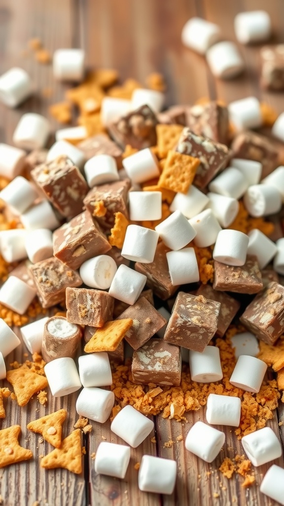 A delicious mix of Rice Chex cereal, marshmallows, and chocolate pieces for making S'mores Inspired Muddy Buddies.