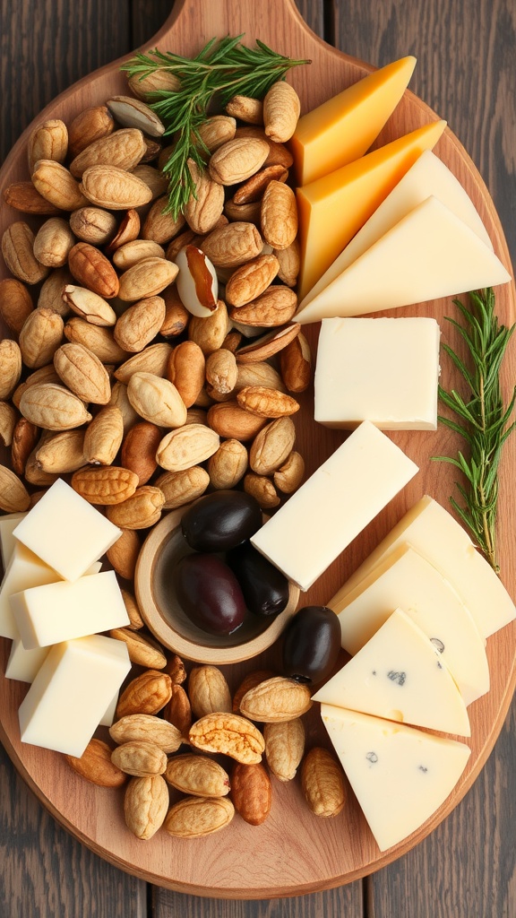 A beautifully arranged platter featuring assorted cheeses, mixed nuts, and olives.