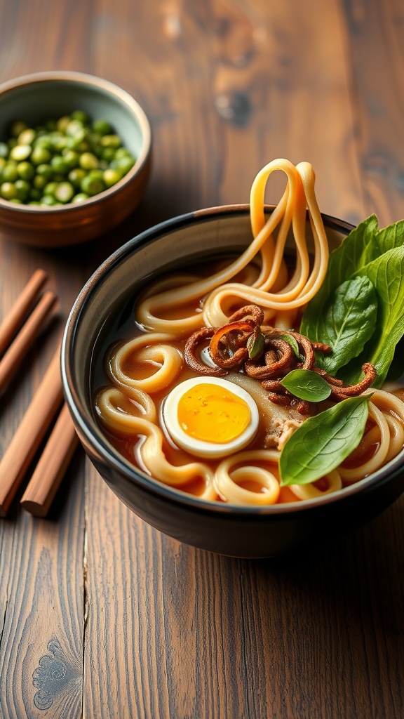 A bowl of soba ramen with soft-boiled egg, spinach, and mushrooms, garnished with green onions.