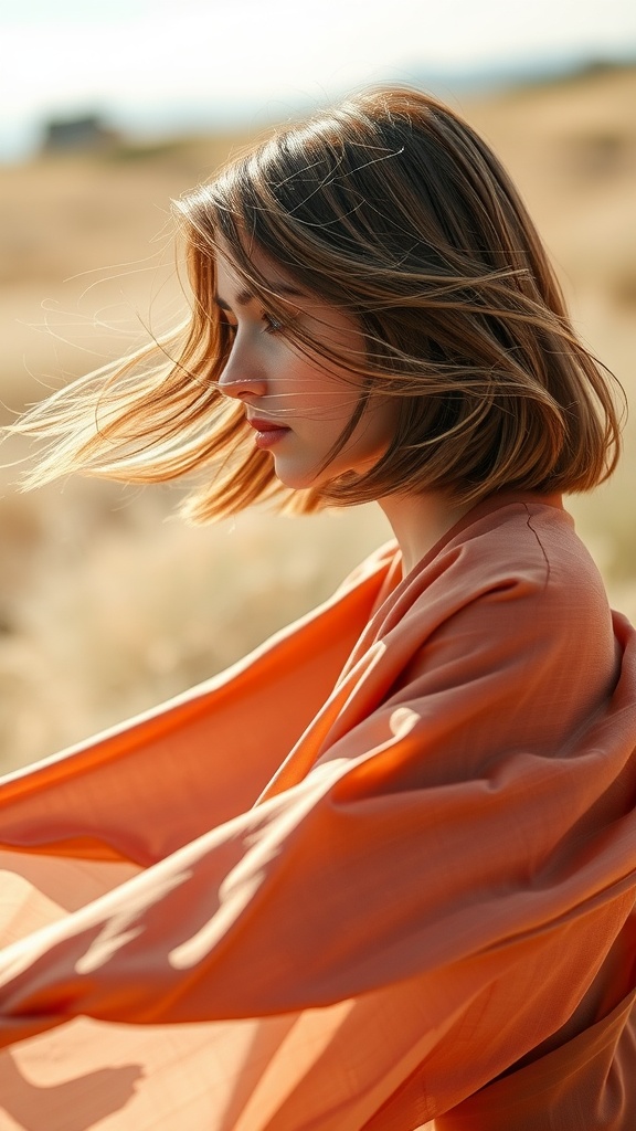A woman with shoulder-length hair styled in a soft A-line cut, gently moving in the wind.