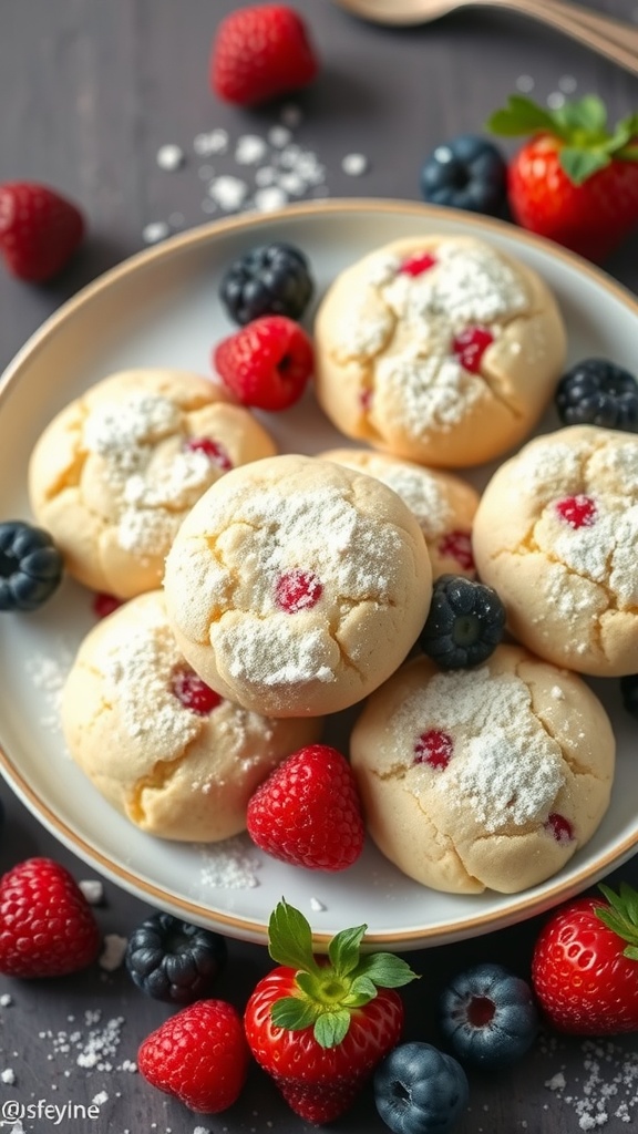 A plate of soft and chewy keto cream cheese cookies topped with powdered erythritol and fresh berries.