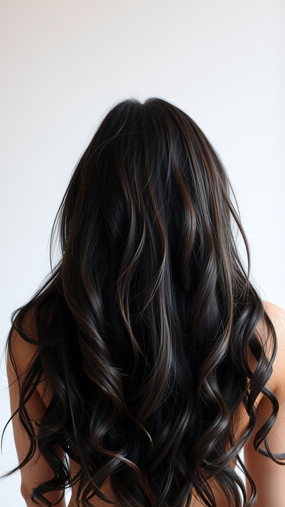 Back view of a person with soft black hair featuring chocolate tones, styled in loose curls.