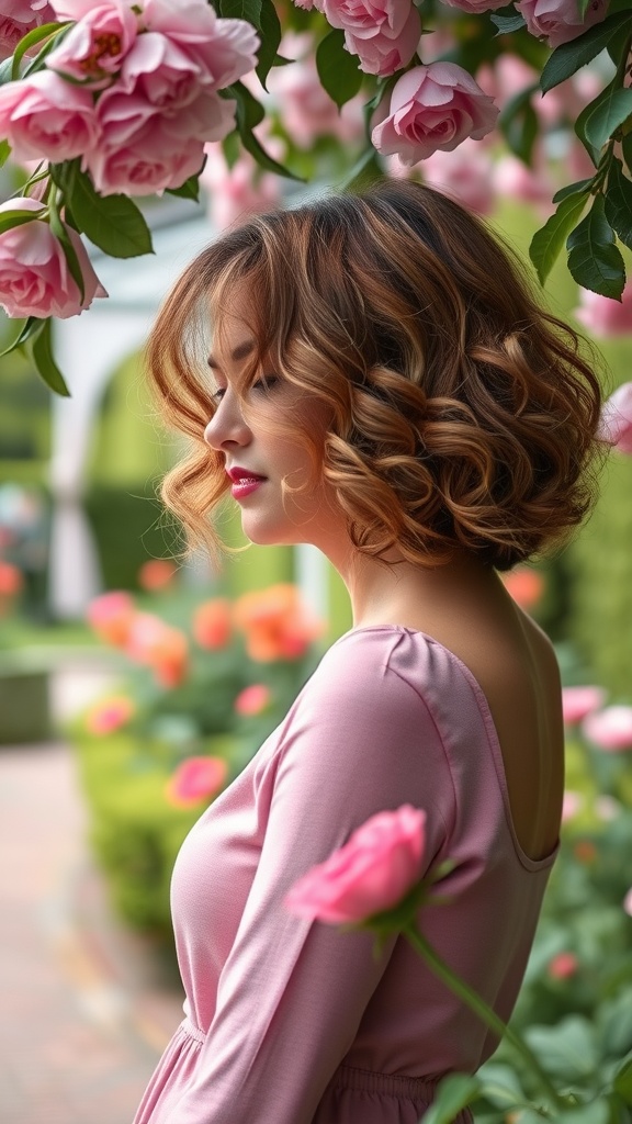 A woman with a soft curly lob hairstyle surrounded by pink roses.
