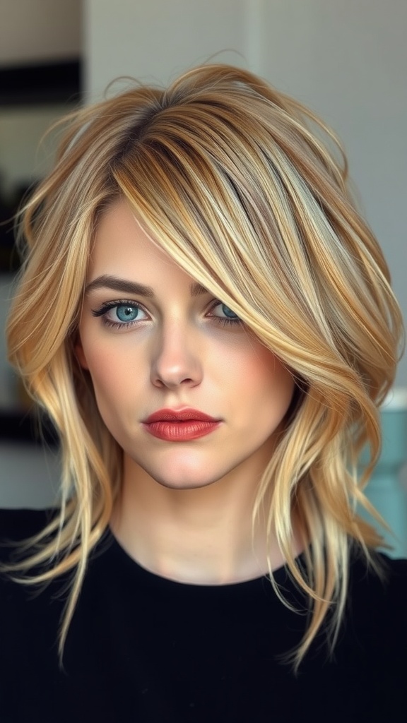 A woman with soft gold blonde hair styled in face-framing layers.
