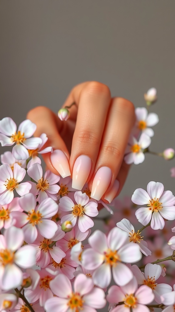 A hand with soft lavender to peach ombre nails surrounded by delicate pink flowers