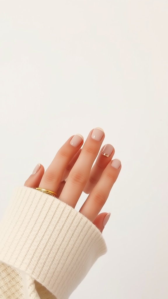 A hand with soft neutral square nails featuring a light beige base and French tips, wearing gold rings and a cozy sweater.