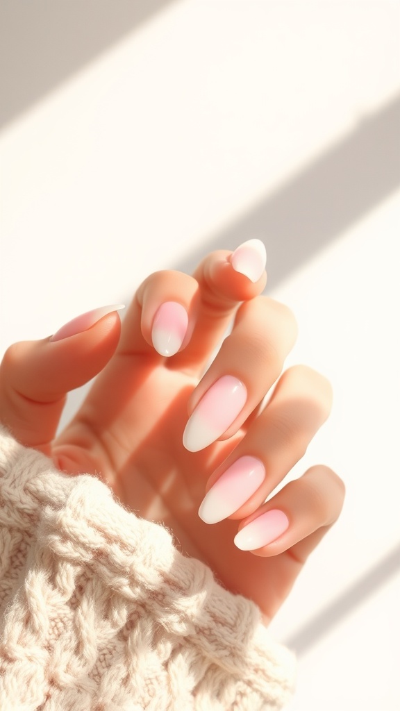 A hand showing almond-shaped nails with a soft pastel ombre effect, transitioning from pink to white, paired with a cozy knitted sweater.