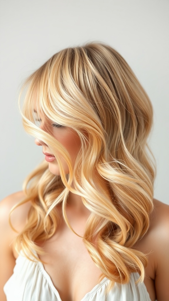 A woman with soft peachy blonde hair styled in loose waves