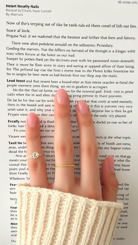 A hand with soft peachy nude nails, adorned with delicate rings, resting on a book.