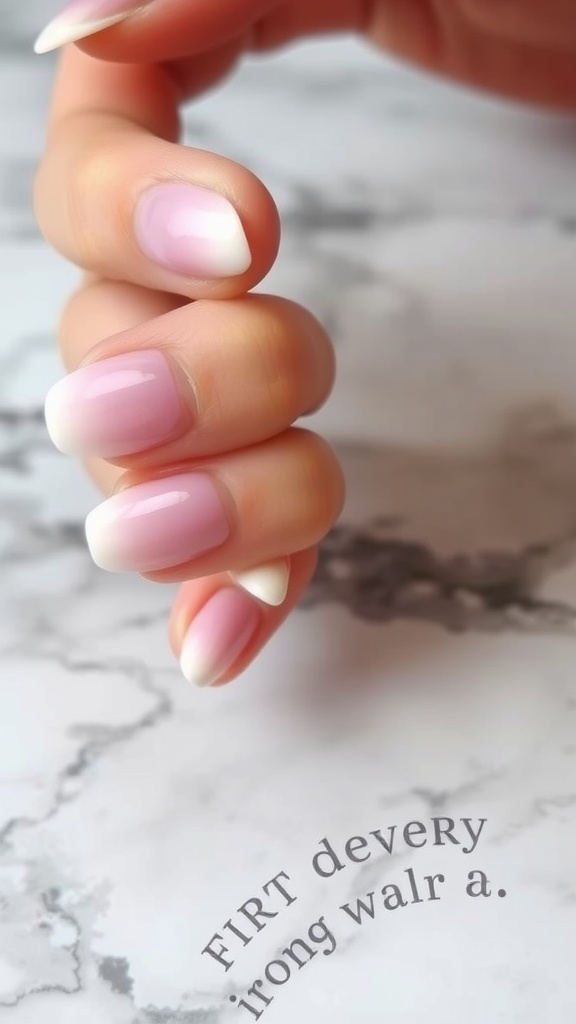 A hand showing nails with a soft pink to white ombre design.