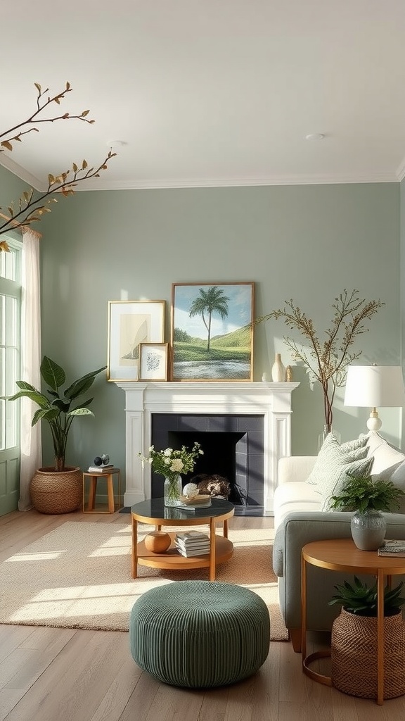 Living room with soft sage walls, featuring plants, a fireplace, and comfortable furniture.