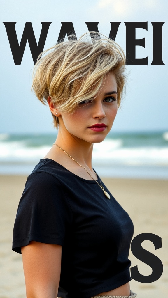 A stylish young woman with a soft wave pixie haircut, looking confidently at the camera against a beach background.