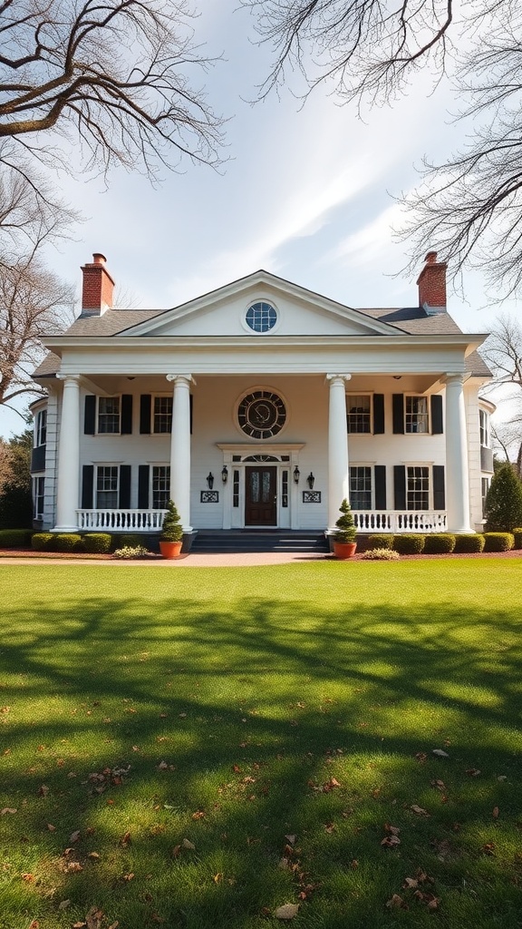 A sophisticated Colonial house with tall columns and a manicured lawn.