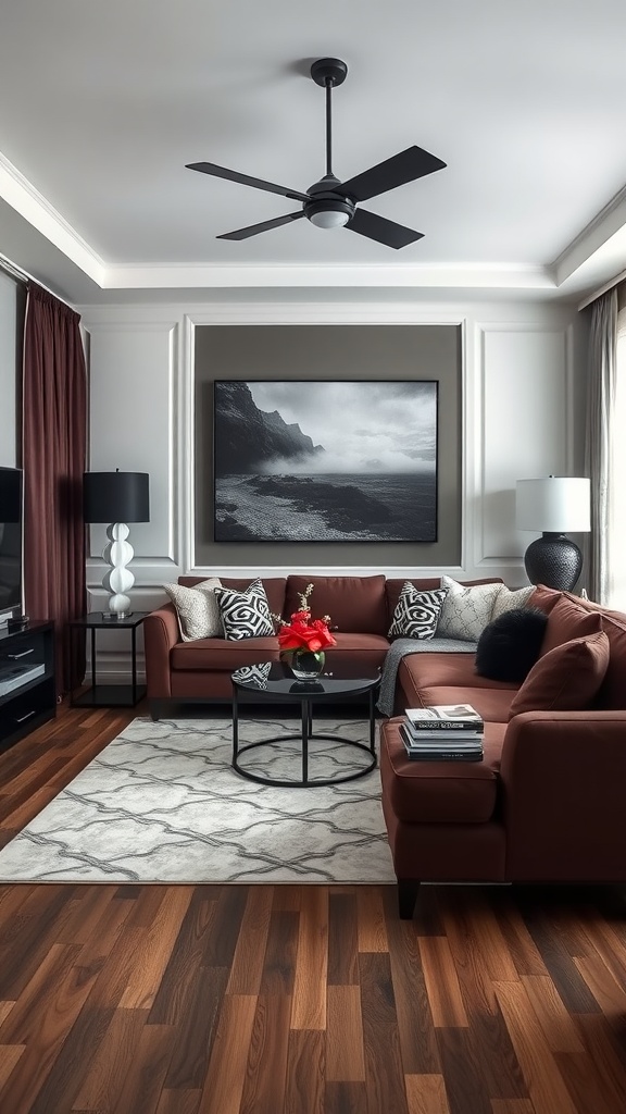 A stylish living room featuring a brown couch, black and white decor, and elegant accents.
