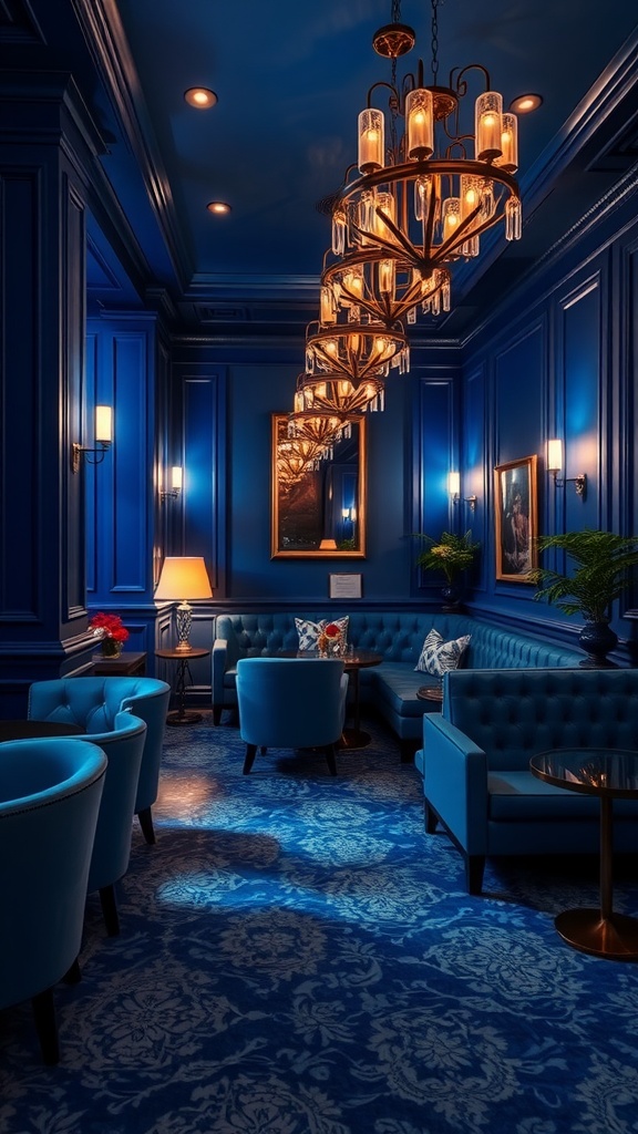 A sophisticated royal blue lounge featuring deep blue walls, plush seating, and elegant lighting.