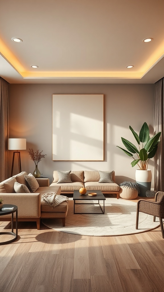 A stylish living room featuring taupe walls, modern furniture, and warm lighting.
