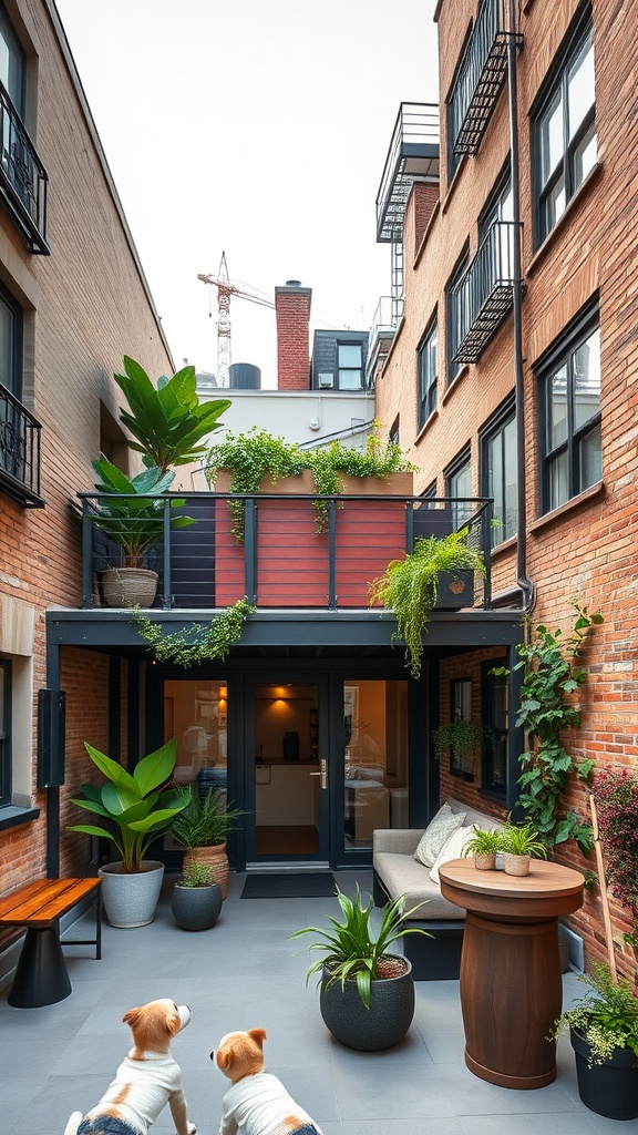 A stylish urban loft with a cozy outdoor space featuring plants, seating, and two dogs