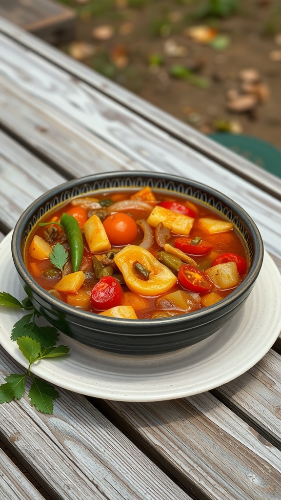 A bowl of Southern-style stewed tomatoes with an array of colorful vegetables.