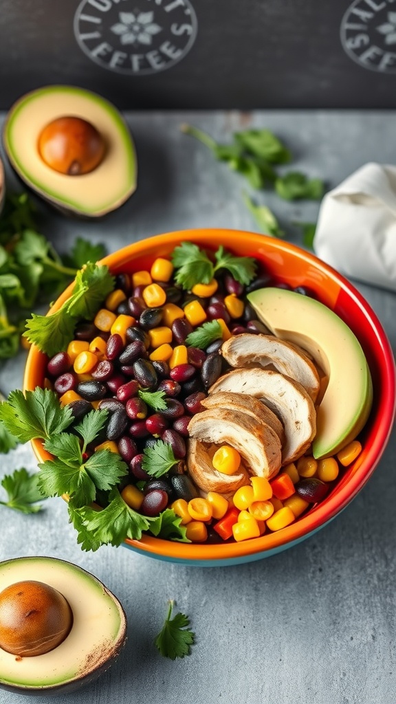 A colorful bowl of Southwestern Chicken Salad with Avocado, featuring grilled chicken, black beans, corn, diced avocado, and fresh cilantro.