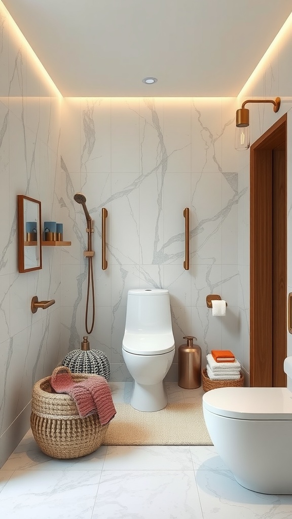 A serene half bathroom with a modern design featuring soft lighting, natural materials, and a clean layout.