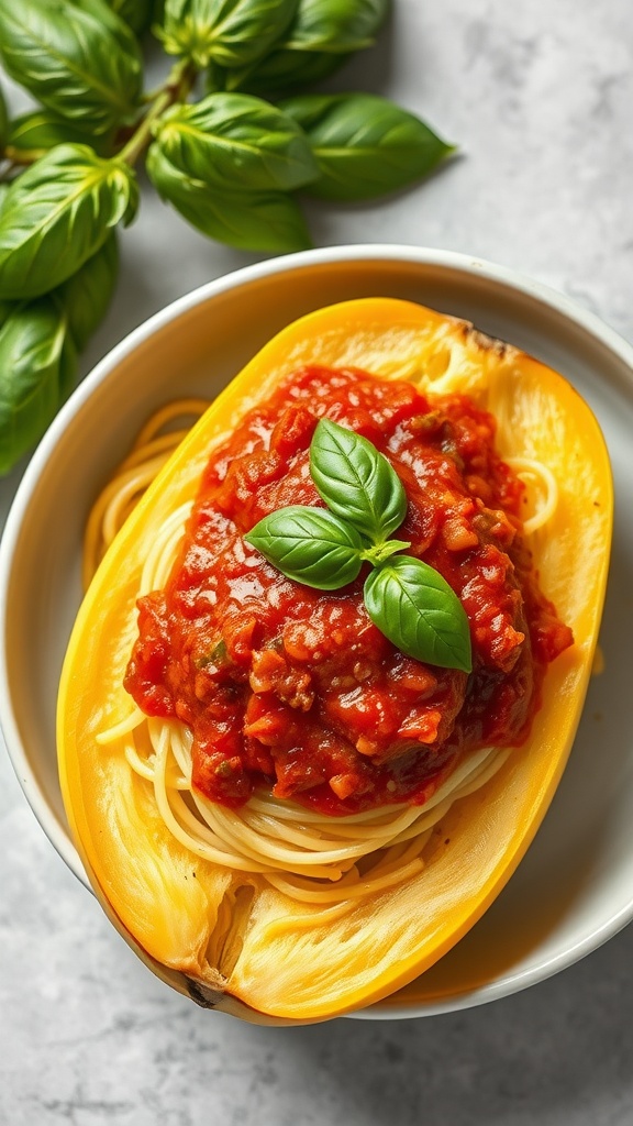 Spaghetti squash served with marinara sauce and fresh basil.
