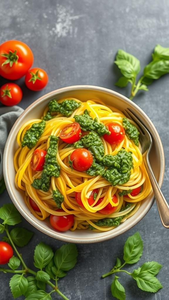 Spaghetti squash with pesto and cherry tomatoes