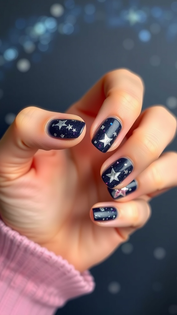 Navy nails with sparkly star accents