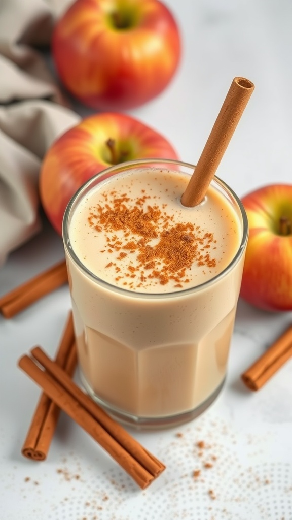 A delicious spiced apple and cinnamon smoothie in a glass with a cinnamon stick, surrounded by fresh apples.