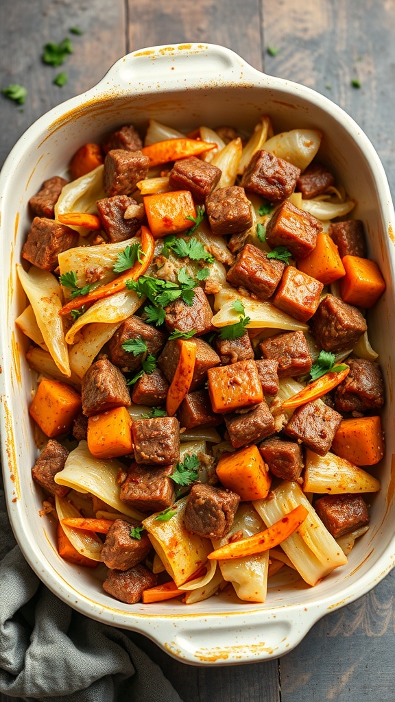A delicious spiced cabbage and beef stir bake dish, featuring tender cabbage, savory beef, and colorful vegetables.