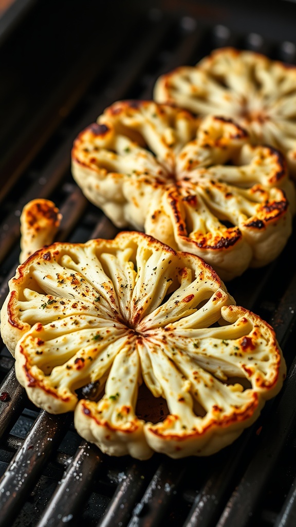 Cauliflower steaks seasoned and grilled until golden brown
