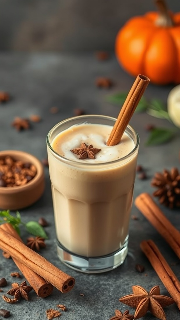 A spiced chai protein smoothie topped with a cinnamon stick and star anise.