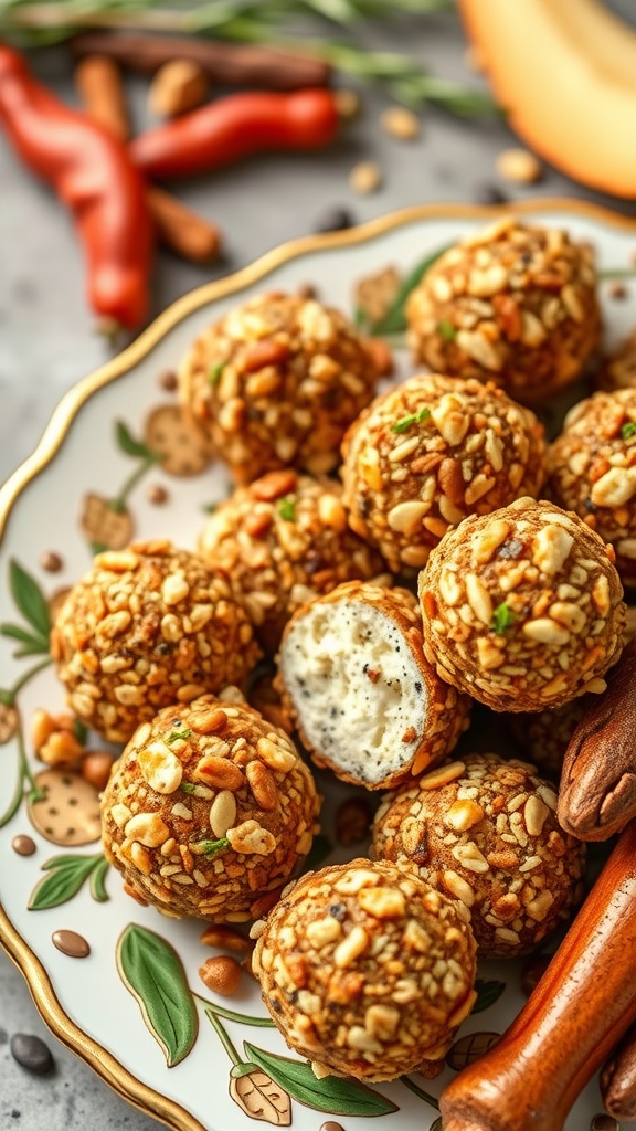 A plate of spiced cheese balls coated with crushed nuts, garnished with herbs, and served with spices.