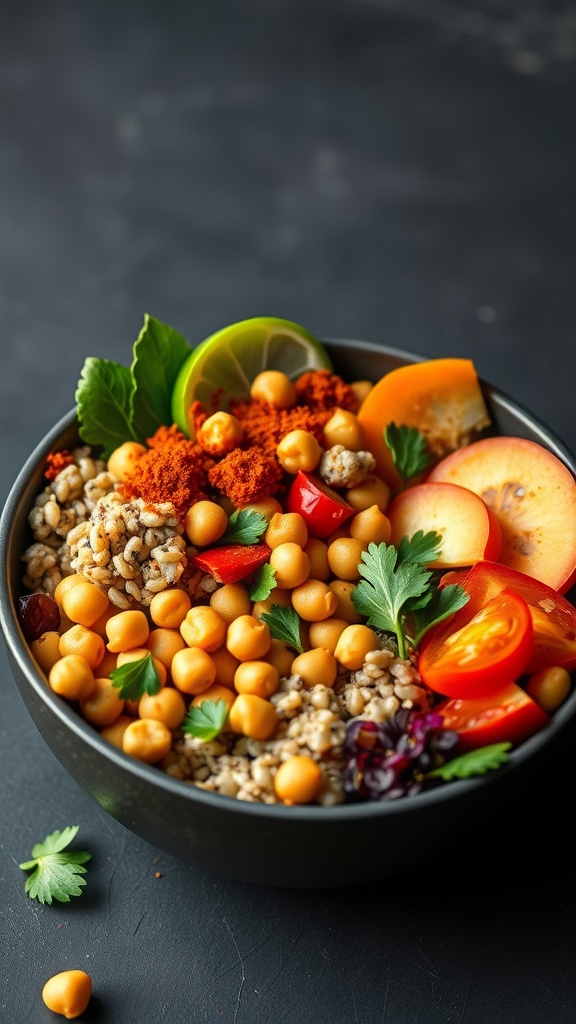 A bowl filled with spiced chickpeas, quinoa, fresh vegetables, and garnished with herbs.