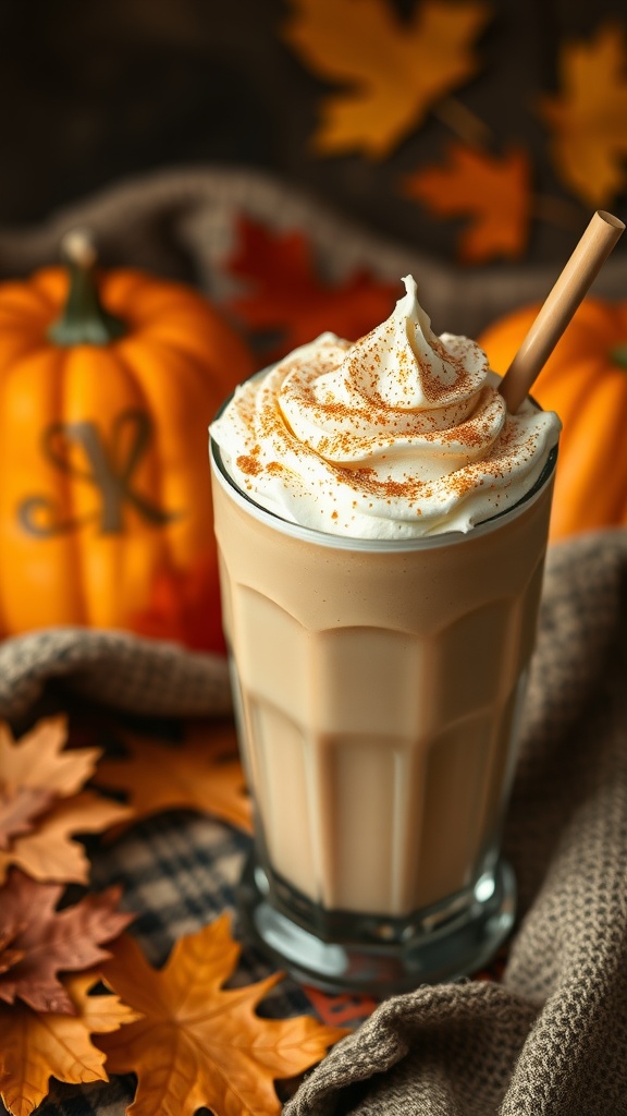 A creamy spiced pumpkin keto shake topped with whipped cream and cinnamon.