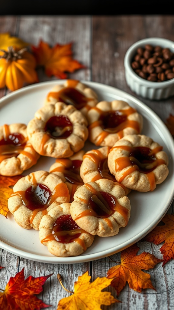 A plate of spiced thumbprint cookies with a maple glaze on top, surrounded by autumn leaves.