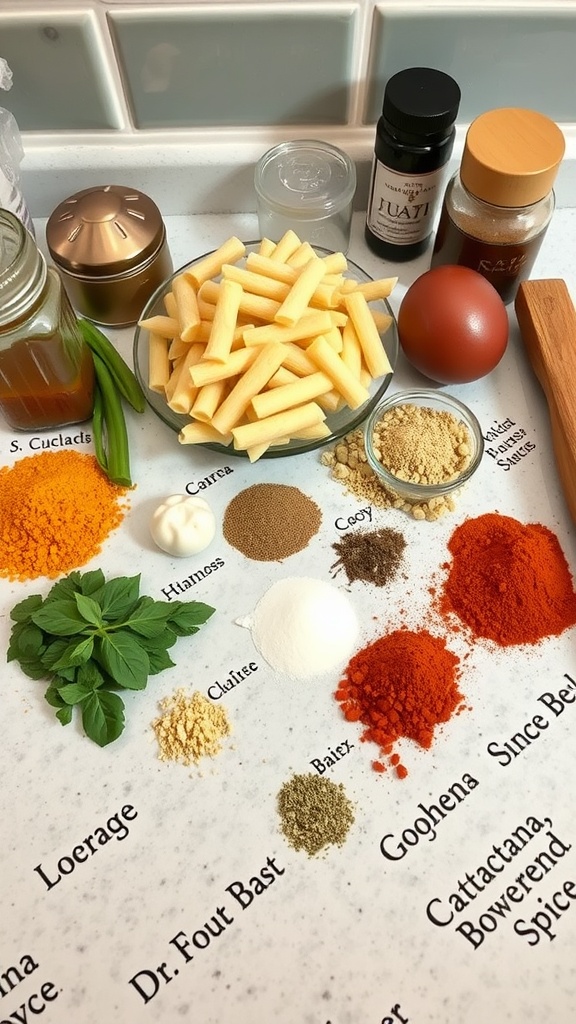 A variety of spices and pasta ingredients arranged neatly on a countertop.