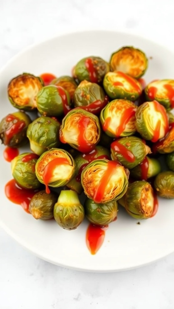 Spicy air fryer Brussels sprouts drizzled with hot sauce