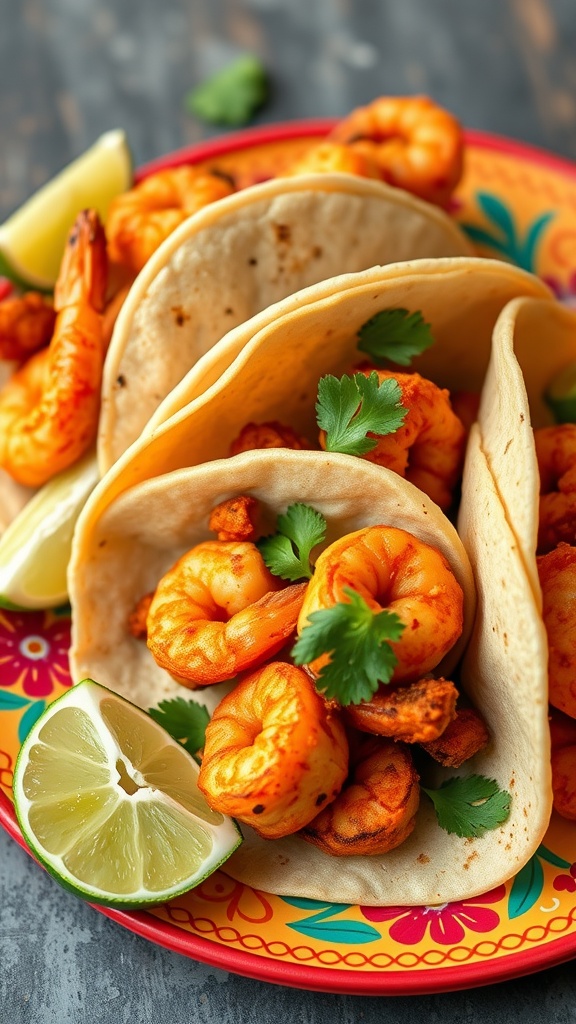 Spicy Air Fryer Shrimp Tacos with lime and cilantro