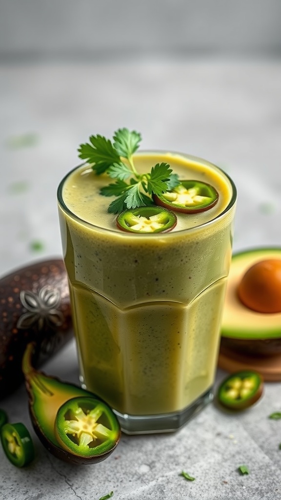 A refreshing and spicy avocado smoothie topped with jalapeño slices and cilantro.