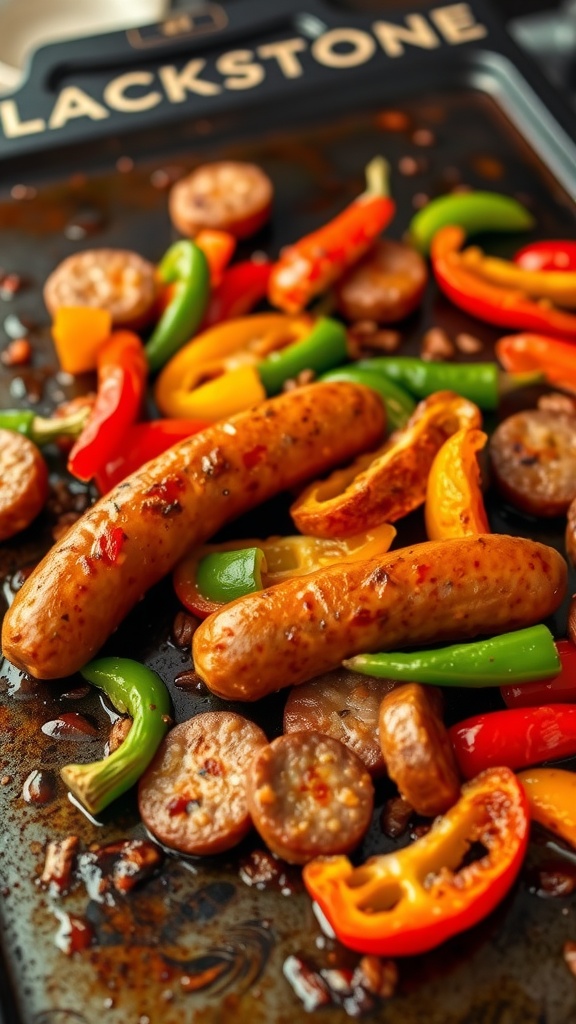 A delicious plate of Spicy Cajun Sausage and Peppers cooked on a Blackstone griddle.
