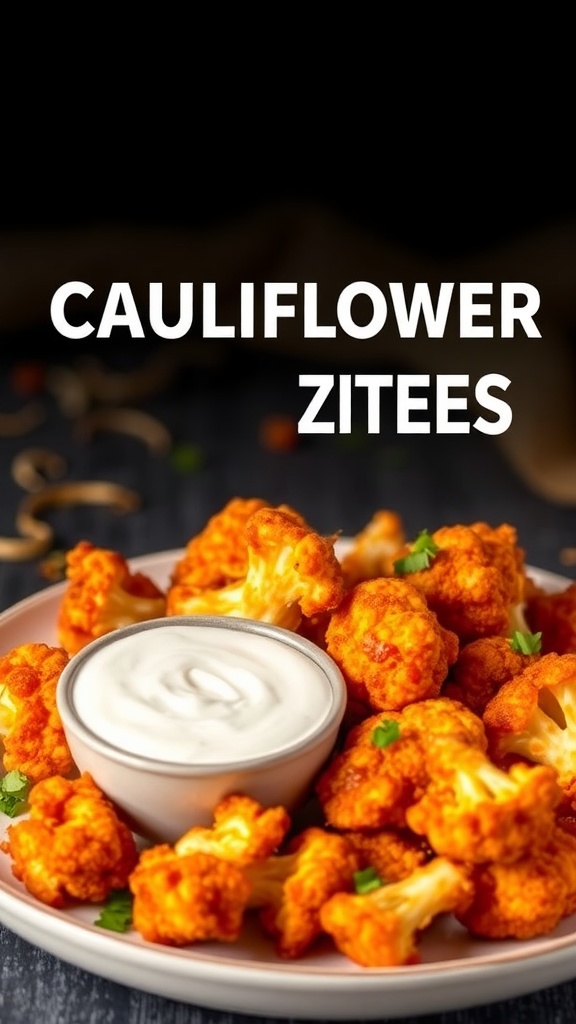 Plate of spicy cauliflower buffalo bites with a bowl of ranch dressing.
