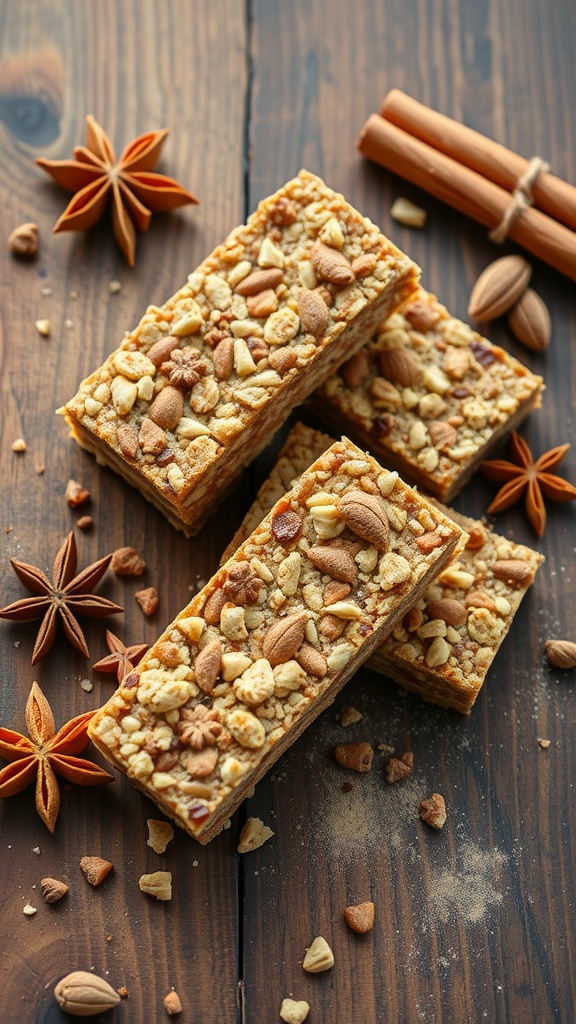 Homemade spicy chai protein bars topped with nuts and spices.