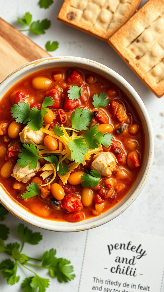 A bowl of spicy chicken and bean chili topped with cilantro and cheese