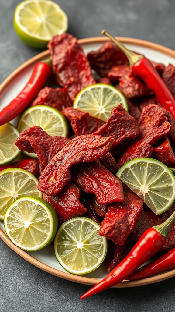 A plate of spicy chili lime beef jerky with slices of lime and red chili peppers.