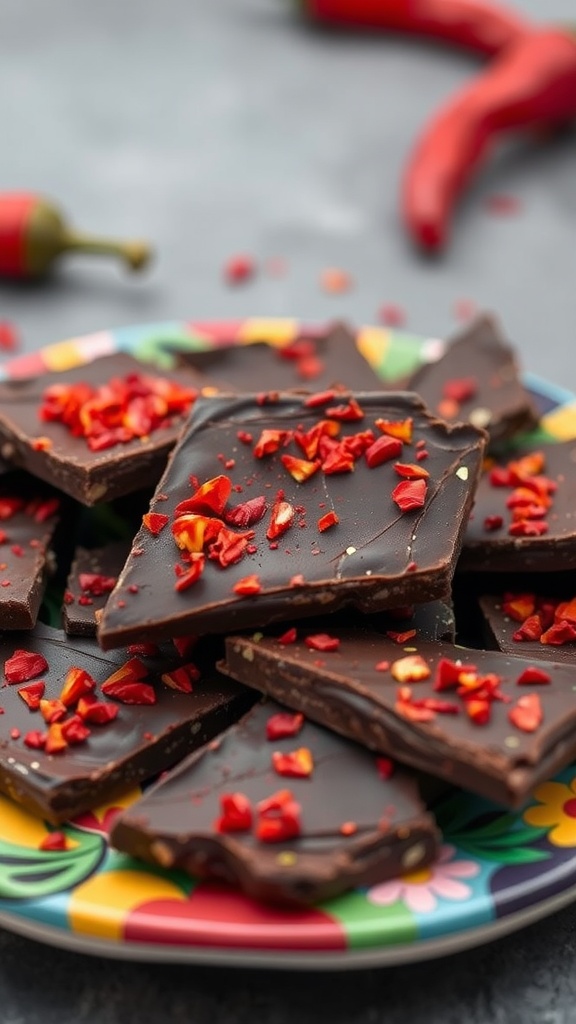 Spicy Chocolate Chili Bark on a colorful plate
