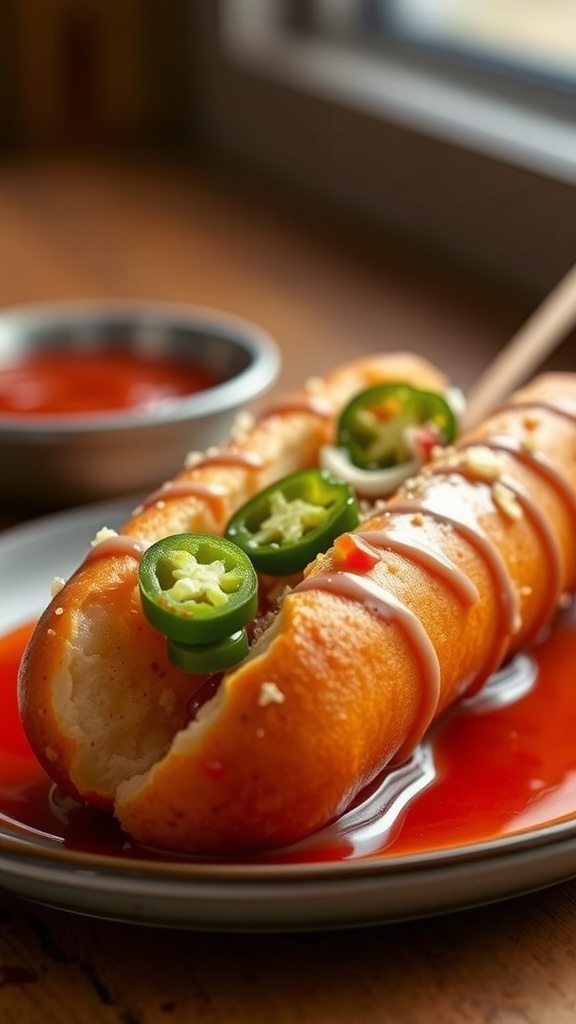 Spicy corn dog with jalapeños on a plate