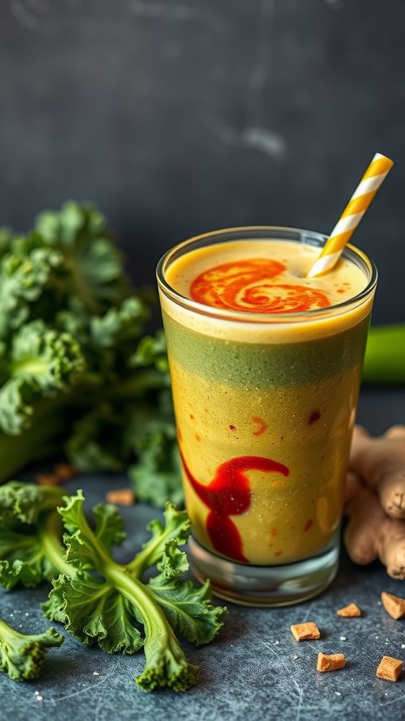 A vibrant green smoothie made with kale and ginger, garnished with a straw.