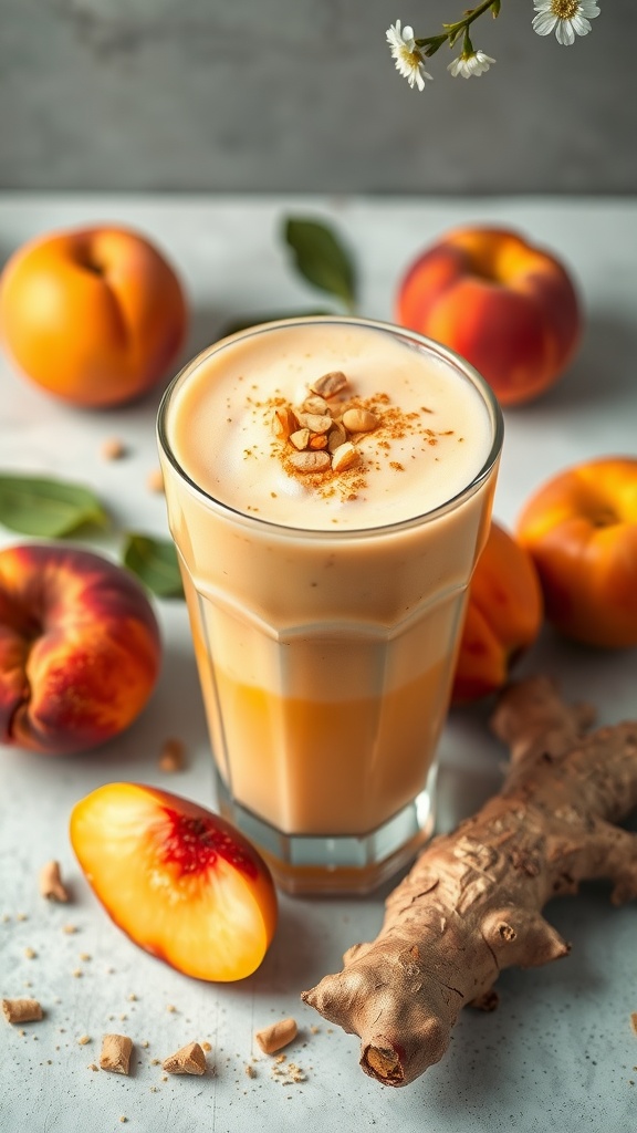 A refreshing Spicy Ginger Peach Smoothie with peaches and ginger around it.