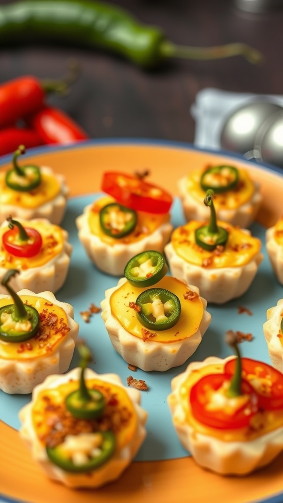 A platter of spicy jalapeño cheese bites topped with slices of jalapeño and red peppers.