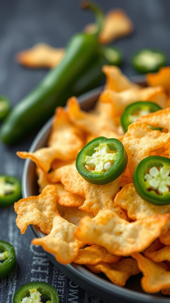 Spicy Jalapeño Cheese Crisps in a bowl with slices of jalapeños on top